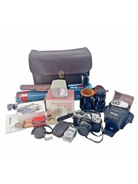 Vintage LOT Petri Flex V 35mm SLR Film Camera Extra Lens Flash Accessories Case